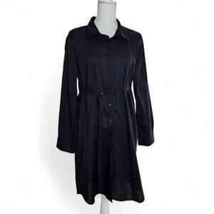 Norma Kamali Womens Lightweight Cotton Belted Black Buttondown Shirt Dress Sz L